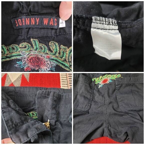 Y2K Johnny Was Wildcat Embroidered Parachute Cargo Pants Sz S Black Wide‎ Leg - Picture 6 of 7